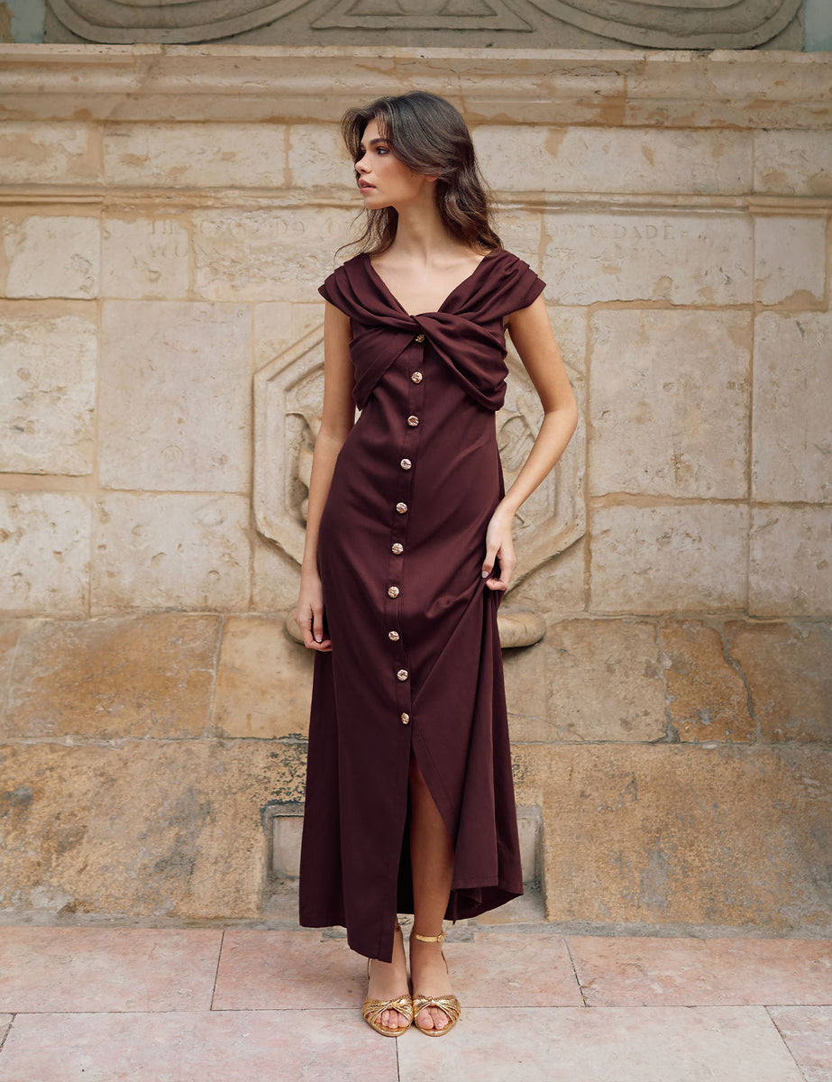 bordeaux silk dress SHIMMER SATIN SILK LINED DRESS IN BLACK AND BORDEAUX | CULT MIA