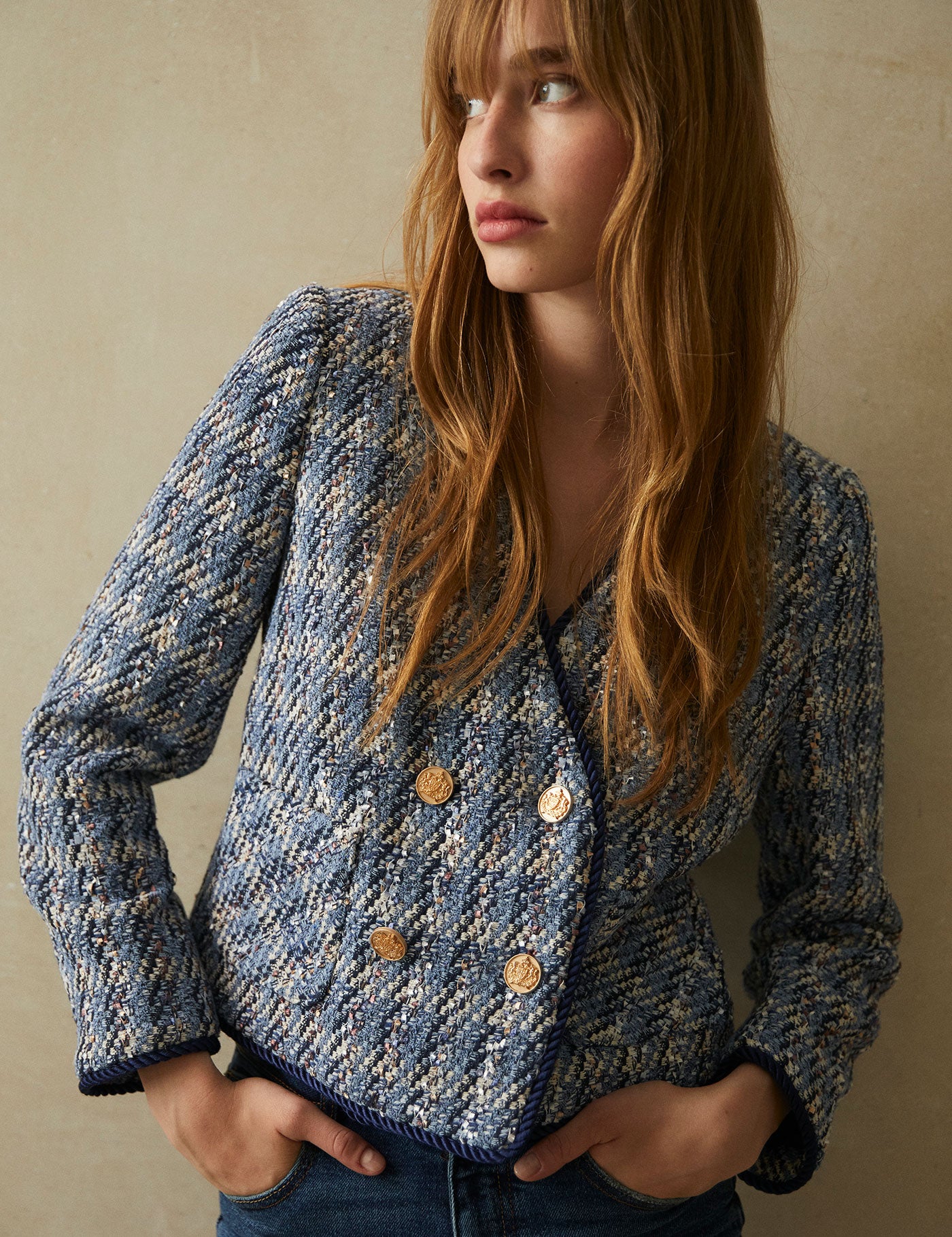 Veste matelassée femme bleu foncé et tweed – imperméable et chic – 180 Veste matelassée femme bleu foncé et tweed – imperméable et chic – 180